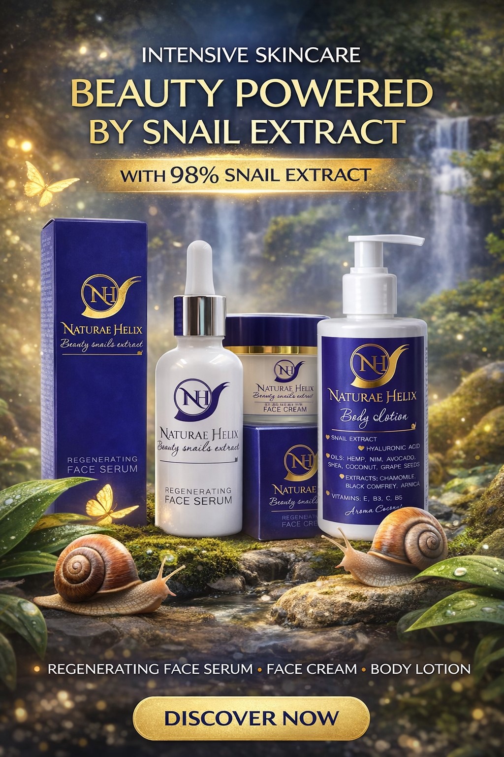 98% Snail Mucin Skincare Set – Luxury Anti-Aging Serum, Regenerating Face Cream & Deep Hydration Body Lotion for Smooth, Firm & Radiant Skin Luxury 98% snail mucin skincare set by Naturae Helix with anti-aging face serum, regenerating face cream and hydrating body lotion designed for deep skin repair, intense hydration, wrinkle reduction and naturally radiant youthful skin