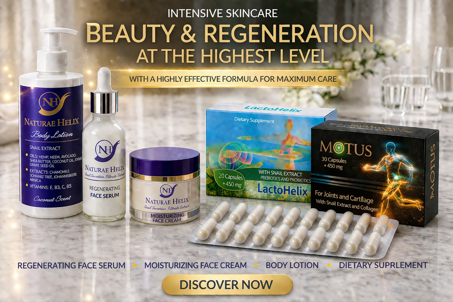 Ultimate 98% Snail Mucin Skincare & Supplement Set – Anti-Aging Serum, Regenerating Face Cream, Hydrating Body Lotion & Collagen Capsules for Youthful Skin, Deep Hydration & Joint Support Premium 98% snail mucin skincare and supplement set by Naturae Helix including anti-aging regenerating face serum, moisturizing face cream, hydrating body lotion and collagen capsules for skin repair, joint support, deep hydration and radiant youthful glow
